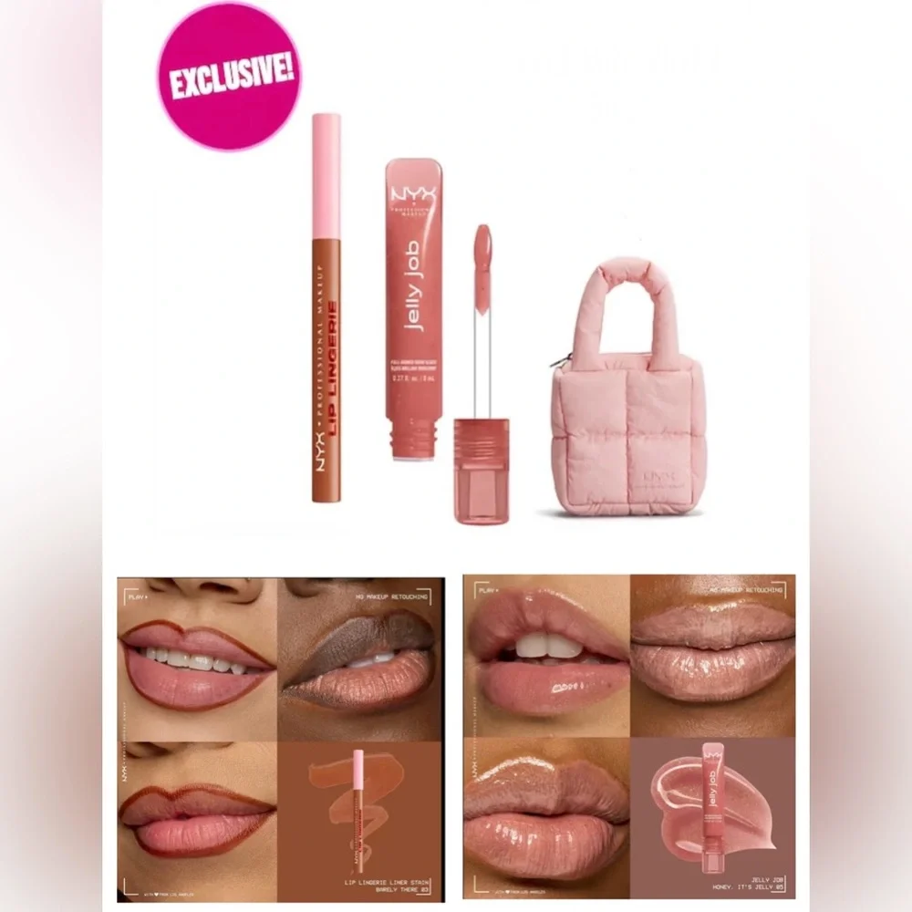 NYX Lip Gloss & Balm Trio Set with Pink Quilted Mini Bag - Neutral & Pink Shades